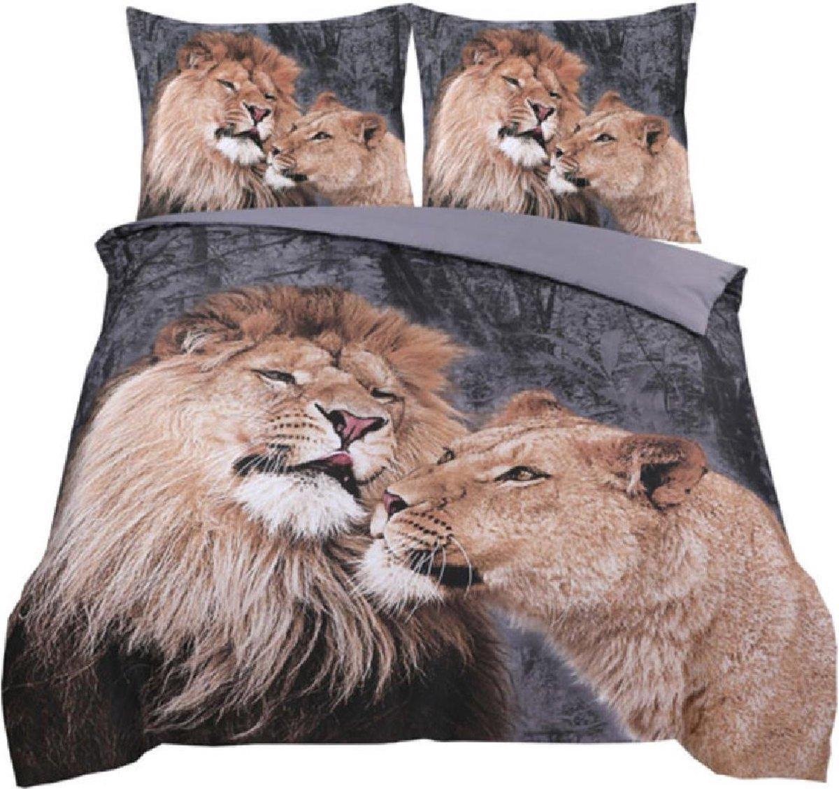 Cotton Club Dekbedovertrek Lion Love - 240x200/220 +2 kussenslopen 60x70cm - Leeuwen Beige/Grijs