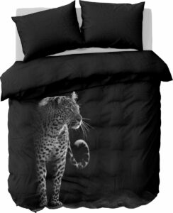 Y-NOT - Black&White Leopard - Dekbedovertrek - Katoen-Satijn - Eenpersoons - 140x200/220 cm - Zwart
