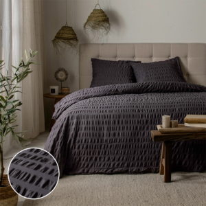 Dekbedovertrek Amalfi Seer Sucker - Lits-Jumeaux (240x220 cm) - Antraciet Microvezel Percale katoen - Dessin: Strepen - Hotel Home Collection -